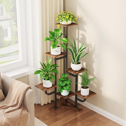 Corner Plant Stand with Grow Light - 6 Tier Plant Stand Indoor Square Metal Plant Shelf with Adjustable Light, Plant Organizer for Living Room, Graden, Home Decor (Brown)
