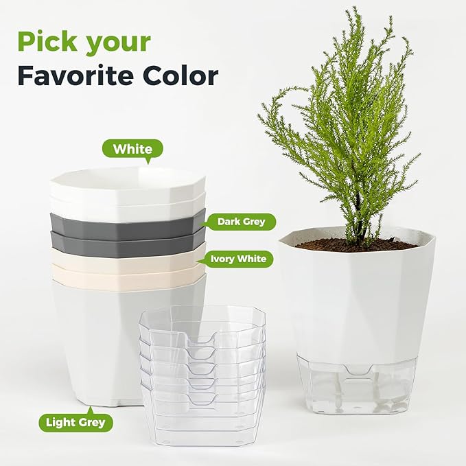 6 Pack Self Watering Plant Pots 5 Inches Self Watering Planters for Indoor and Outdoor Plants African Violet Self Watering Pots Clear Pots for Plants Herb Orchid Flower Houseplant Pots, Light Grey