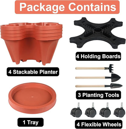 DUNCHATY Stackable Planters 4 Tier Vertical Garden Planting Tower Planters Strawberry, Herb, Flower, and Vegetable Planter Indoor Outdoor Gardening Pots with Removable Wheels and Tools, 2 Bundle