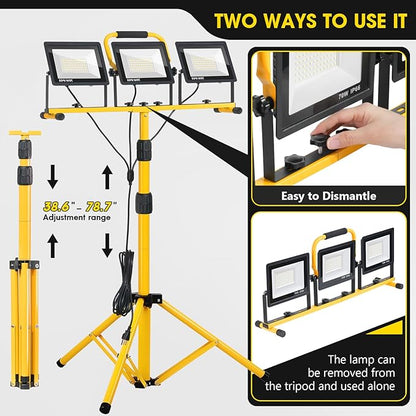 21000Lumen LED Work Lights with Stand - 3 Head Portable Work Light with 16FT Cord - IP66 Waterproof Tripod Worklights for Outdoor Indoor Job Site Workshop Garage Construction Site Lighting