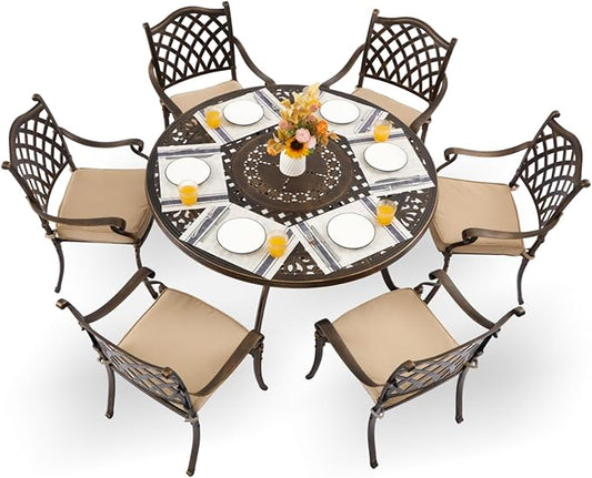 7-Piece Cast Aluminum Patio Furniture, Outdoor Dining Sets for 6 Include 54" Round Patio Dining Table and 6 Stackable Chairs with Cushions & Umbrella Hole (Bronze)