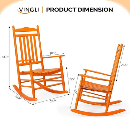 VINGLI Wooden Rocking Chair, Outdoor Chair with 450 lbs Support, Relaxing Rocker with Solid Wood High Back Seat Reclining Seat for Deck, Garden, Backyard, Porch, Indoor or Outdoor Use (Orange, 1PC)