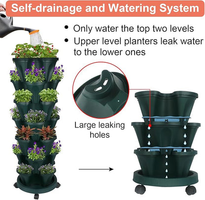 GameXcel Vertical Planter 7 Tier Stackable Planters Garden Planters Strawberry Herb Flower and Vegetable Planter Indoor Outdoor Gardening Pots with Removable Wheels and Tools 2-Pack