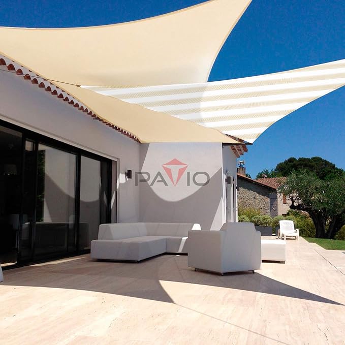 Patio Paradise 7' x 7' x 7' Sun Shade Sail Triangle Canopy Shade Cloth Fabric Sunlight Block Patio Pergola Cover HDPE Deck Awning for Outdoor Backyard Roof Shading, Beige White Strip