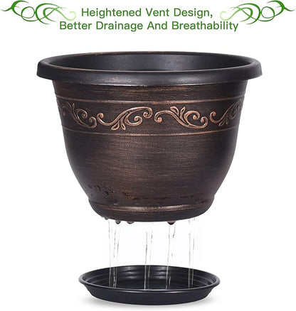Plastic-Plant-Flower-Planters-10 Inch With Drainage Hole & Saucer, 3 Packs Lightweight Small Resin Flower Pot Indoor Outdoor, Retro Antique Imitation Decorative Garden Containers Sets For Houseplants
