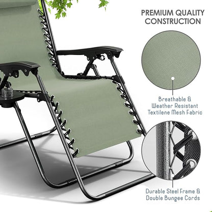 Nestl Zero Gravity Chairs Set of 4, Patio Lounge Chair Outdoor with Pillows & Cup Holder Trays, Adjustable Steel Mesh Reclining Camping Chair, Folding Patio Lawn Chair for Deck, Beach - Sage Green