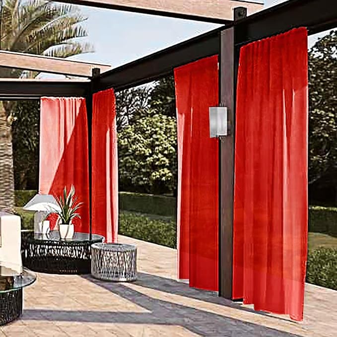 SpaceDresser Waterproof Outdoor Sheer Curtains for Patio - 2 Panels Rod Pocket Indoor Voile Sheer Curtain for Living Room,52W x 96L inch, Red