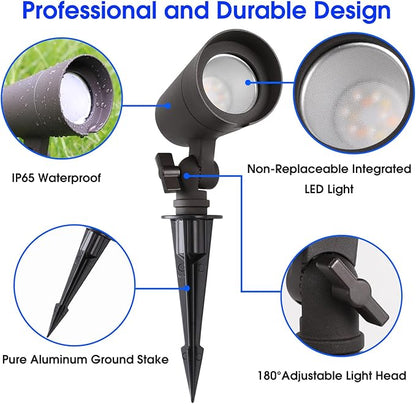 3CCT LED Landscape Lights with Connectors, 12V Low Voltage, 3000K/4000K/5000K Selectable, 3W, 200LM, Outdoor Waterproof Garden Pathway Lights Wall Tree Flag Spotlights with Spike Stand, 8 Pack