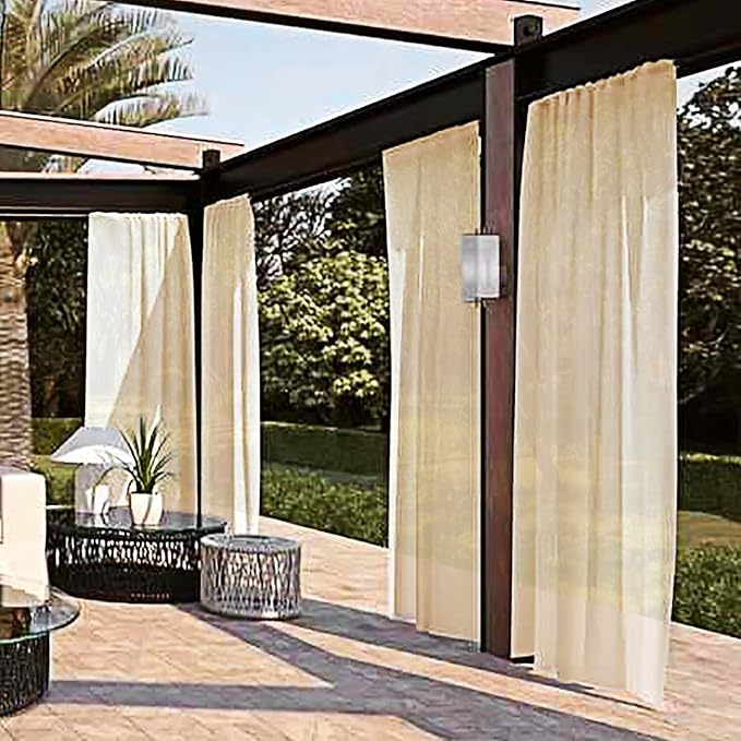 SpaceDresser Waterproof Outdoor Sheer Curtains for Patio - 2 Panels Rod Pocket Indoor Voile Sheer Curtain for Living Room,100W x 108L inch, Beige