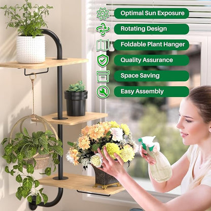 YUOROS Window Plant Shelves, 3-Tier Rotating Plant Shelf Stand, Indoor Metal Wall Plant Holder