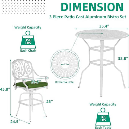 VIVIJASON 3-Piece Patio Swivel Bar Stools Set, All Weather Cast Aluminum Outdoor Bar Height Bistro Set with 2 Cushioned Bar Chairs & 35.4" High Bar Table w/Umbrella Hole for Backyard, Lawn, White