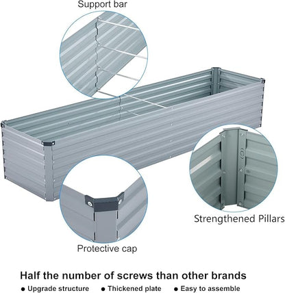 2 Pack 8x2x1FT Galvanized Raised Garden Bed Kit, Outdoor Metal Planter Box for Vegetables, Bottomless Rectangular Gardening Bed with Support Rods, Tool-Free Assembly, Gray
