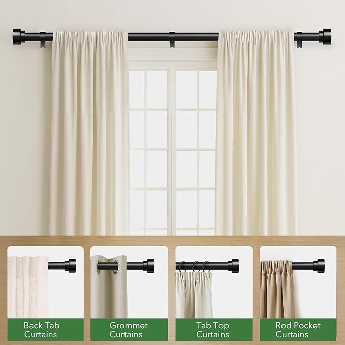 Time Forest Curtain Rods for Windows 32 to 240, 1 Inch Adjustable Black Heavy Duty Long Window Outdoor Curtain Rod for Patio, Modern Drapery Rods with Simple End Caps, Size 32"-240"
