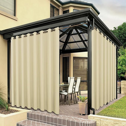 BONZER Wide Waterproof Outdoor Curtains for Patio Heavy Privacy Light Filtering Grommet Outside Curtains for Porch, Pergola, Gazebo, 1 Panel, 110W x 108L inch, Cream