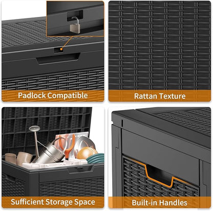 32 Gallon Outdoor Storage Box, Large Resin Deck Box for Patio Cushions, Garden Tools, Pool Accessories, Waterproof and Lockable Design, Storage Bench for Backyard & Deck(Black)