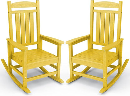 KINGYES Outdoor Rocking Chair Set of 2, High Density Polyethylene Patio Rocking Chairs with 330lbs Support for Adults, Yellow