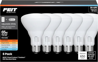 Feit Electric BR30 LED Light Bulb, 65W Equivalent, Dimmable, 650 Lumens, 5-Color Adjustable White, 90+ CRI, General Purpose Flood & Track Lighting, 25,000-Hour Lifetime, BR3065DM/6WYCA/6, 6 Pack