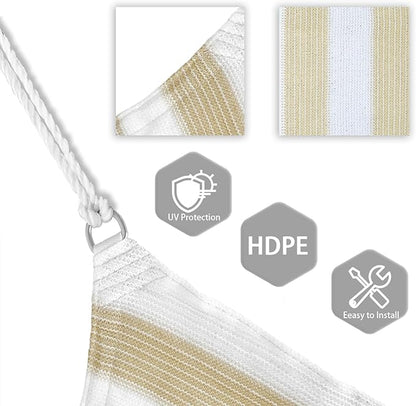 Patio Paradise 11' x 11' x 11' Sun Shade Sail Triangle Canopy Shade Cloth Fabric Sunlight Block Patio Pergola Cover HDPE Deck Awning for Outdoor Backyard Roof Shading, Beige White Strip