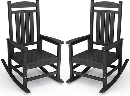 KINGYES Outdoor Rocking Chair Set of 2, High Density Polyethylene Patio Rocking Chairs with 330lbs Support for Adults, Black