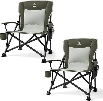 EVER ADVANCED Oversized Folding Camping Chair, for Adults Heavy Duty Lawn Chair with Side Pockets, Portable Collapsible Quad Chair for Outside, Support Up to 500lbs, Green 2Pack