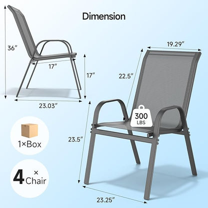 ONBRILL Patio Chairs set of 4, Easy Assembly Stackable Outdoor Dining Chairs with Wide Seat and Sturdy Metal Frame, Breathable All Weather Textilene Outdoor Chairs Set of 4 for Deck, Pool, Porch, Grey