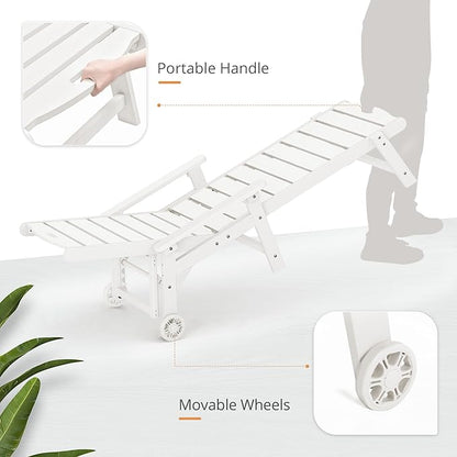 LUE BONA Outdoor Chaise Lounge Chairs Set of 4, HDPS Chaise Lounger, 5 Positions Adjustable Lounge Chairs, Pool Lounge Chair with Wheels for Poolside, White