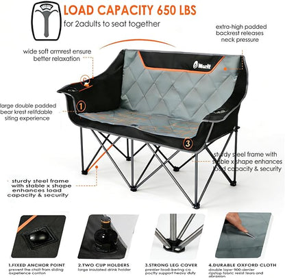 EMERIT Oversized Fully Padded Camping Chair, Heavy Duty 650LB Folding Camping Loveseat, Quad Fold Double Camping Couch with Cup Holders & Carry Bag for Outdoor, Lawn, Sports Events | HIgh Back, Rip resistance, Extra Wide Design, Cross-bracing Hubs, Eas...
