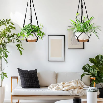 Hanging Planter Self Watering 10 Inch, 2 Pack Indoor Outdoor Hanging Baskets, Hanging Flower Pots with Drainage Hole & 2 Kinds of Plant Hangers for Garden Home Decor(Black Hanger