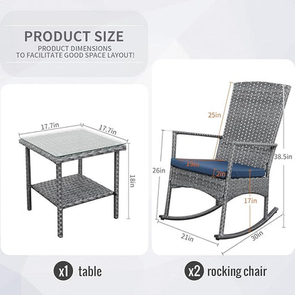 Rocking Chair Outdoor 3 Pieces High-Backed Patio Rocking Chairs Bistro Table and Chairs Set of 2, Navy Blue