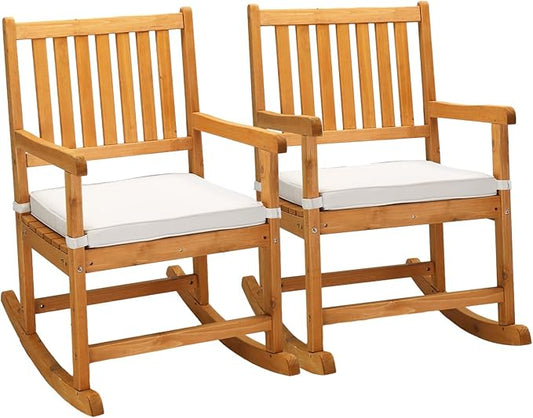 VINGLI Outdoor Rocking Chair, Weatherproof Rocker with Cushion, Wooden Rocking Bench Support 450 LBS for Patio, Yard, Garden, Outdoor or Indoors, Teak(2PCS)