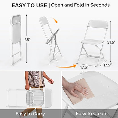 VINGLI 1 Pack White Plastic Folding Chair, Indoor Outdoor Portable Stackable Commercial Seat with Steel Frame 350lb. Capacity for Events Office Wedding Party Picnic Kitchen Dining