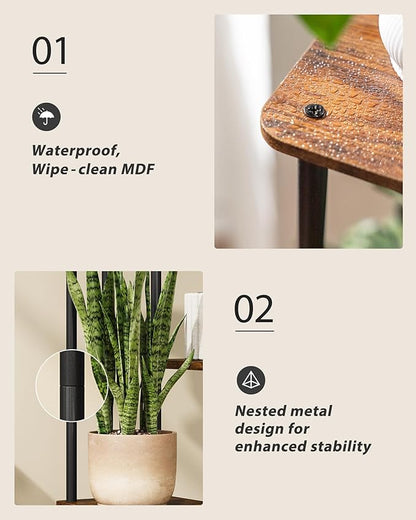 Tall Plant Stand Indoor 5 Tiered Plant Shelf for Multiple Plants Coner Shelf Stand Wood Plant Stand Metal Shelving for Living Room Bedroom Balcony Patio Brown Oak