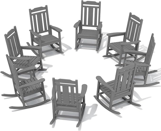 SERWALL Outdoor Rocking Chair Gray Set of 8, All Weather Patio Rocking Chair, HDPE Poly Rocking Chair for Adults, Heavy Duty Front Porch Rocker