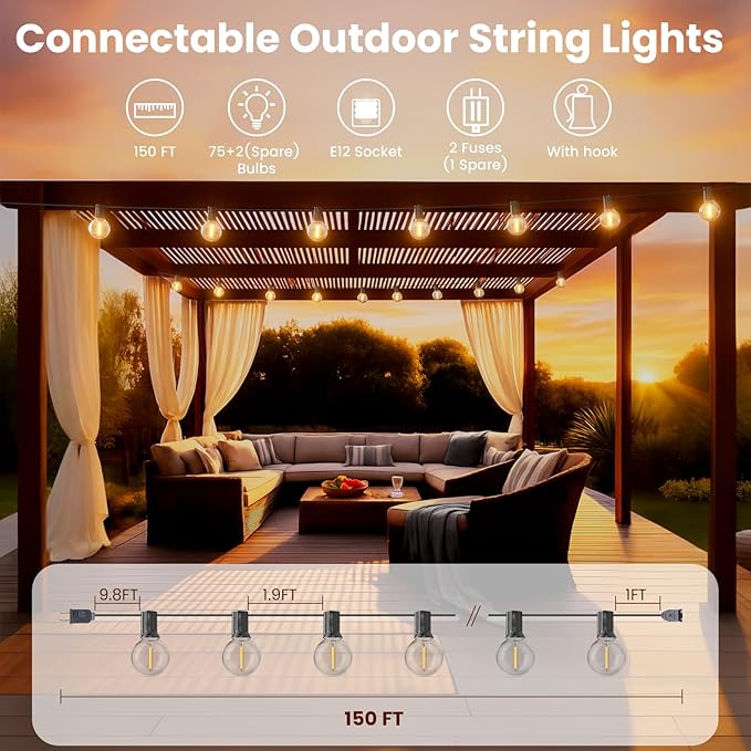 RTTY Dense-Glow 150FT Outdoor String Lights Pro Set with 75 G40 Bulbs - The Starter System for House Outline Lighting, Full Pergola or Pool Coverage, and Restaurant to Hotel Terrace Ambiance