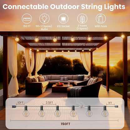 RTTY Classic Series 150FT Outdoor String Lights Pro Set with 58 G40 Bulbs - The Starter System for House Outline Lighting, Full Pergola or Pool Coverage, and Restaurant to Hotel Terrace Ambiance