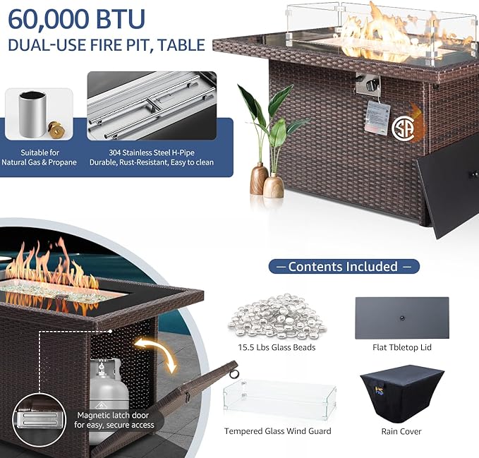 NICESOUL 11 Pcs Modern Outdoor Patio Sectional Furniture Set with Fire Pit Table, 29.3'' High Back Conversation Sets with Firepit, Cozy Large U-Shaped L-Shape Couches, Brown Rattan and Gray Cushion