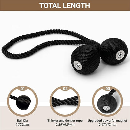 Hion Magnetic Curtain Tiebacks 4 Pack, Nickel-plated Metal and Polyester, Black