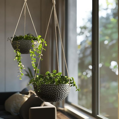 LA JOLIE MUSE Hanging Planters for Indoor Plants, Medium Hanging Planters with Drain Holes, Outdoor Hanging Flower Pots, Matte Black, Honeycomb (10 Inch, Set of 2)