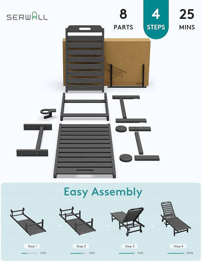 SERWALL Outdoor Chaise Lounge Set of 4, 78" Patio Lounge Chair with 5 Positions Adjustable Backrest, HDPE Lounger with Rolling Wheels & Cup Holder for Poolside, Beach, Garden, Grey