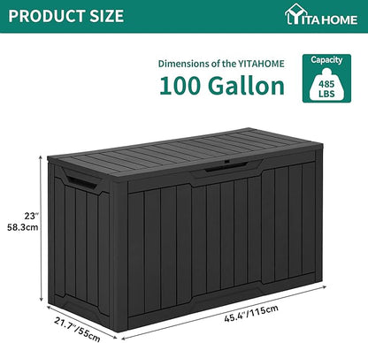 YITAHOME 100 Gallon Resin Deck Box, Weather Resistant Outdoor Storage Box, Lockable Indoor Outdoor Storage for Supplies and Essentials, Black