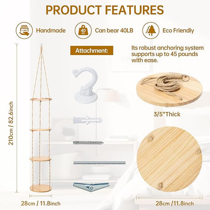 Hemp Rope Hanging Plant Shelf from Ceiling for Narrow Space or window Boho Hanging plant Shelves, Natural Pine Wooden Plant Stand Display for Indoor, Outdoor, Corner, Balcony, Living Room and Bedroom