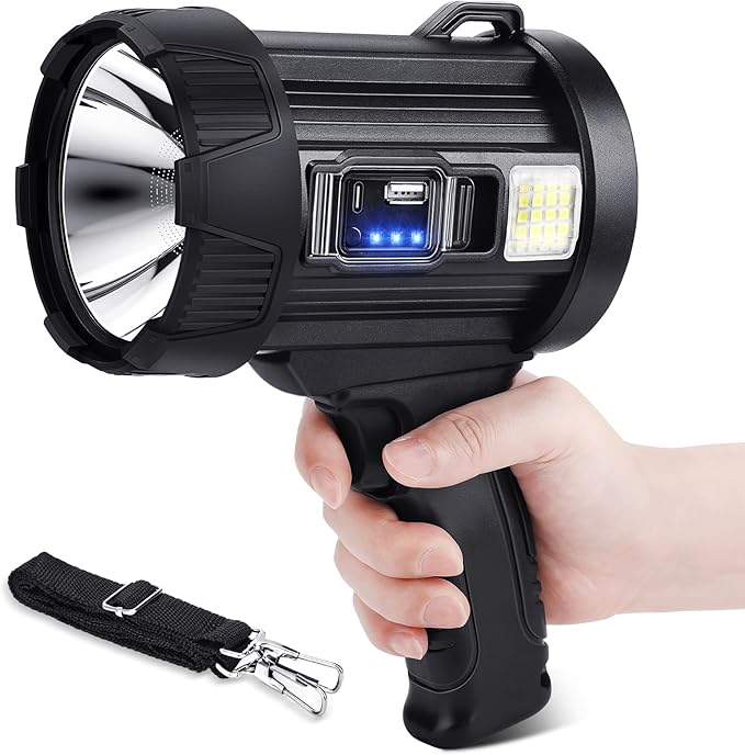 Rechargeable Spotlight, 99000 Lumens Bright LED Spotlight Flashlight, Long Running Spot Light Searchlight, Outdoor Handheld Spotlights with Solar Panels for Hunting,Camping,Boat,6 Spotlight Modes