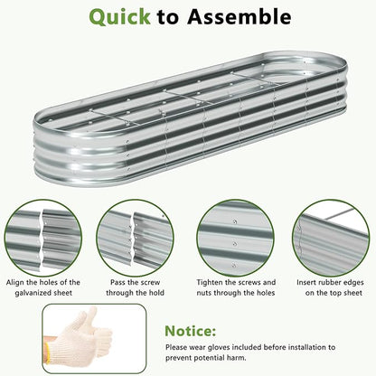 zizin Galvanized Raised Garden Bed Metal Oval Raised Garden Beds Outdoor Planter Box for Vegetables (8x2x1FT, Silver)