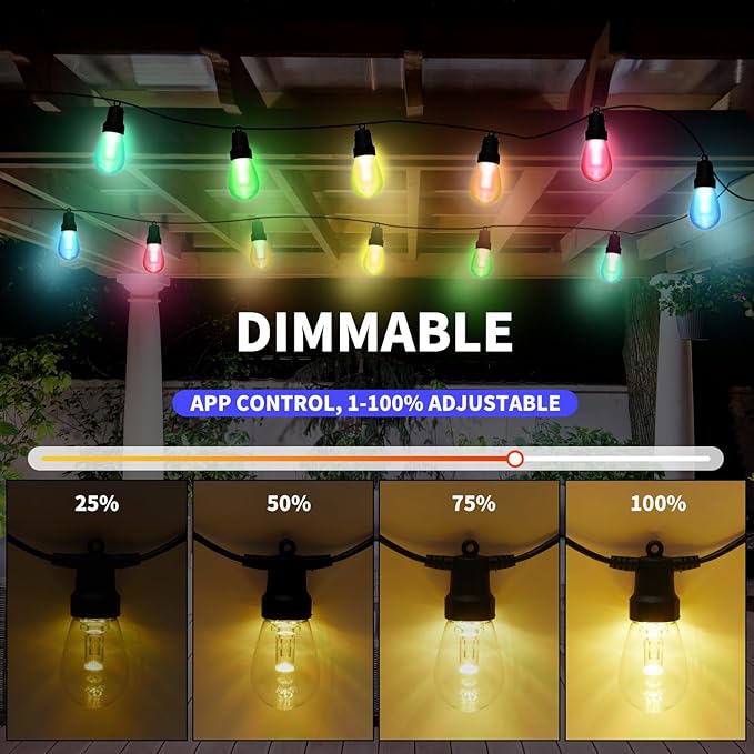 Outdoor String Lights 100FT (2×50FT), Patio Lights with 40 Dimmable RGBW LED Bulbs, IP66 Waterproof & Shatterproof, APP & Remote Control, 24V Adapter, Color Changing Lights for Backyard Decor