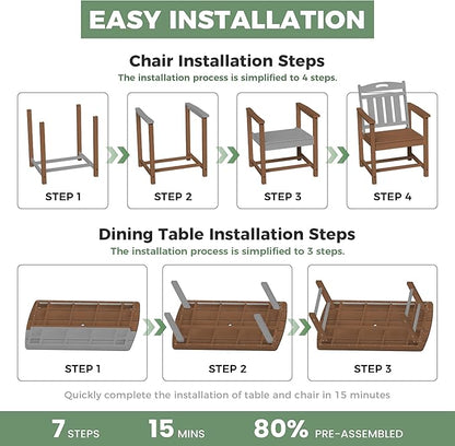5-Piece Outdoor Dining Furniture Set with Chairs, All-Weather HDPE Patio Table and 4 Chairs, Umbrella Hole, for Garden Backyard or Deck - Teak