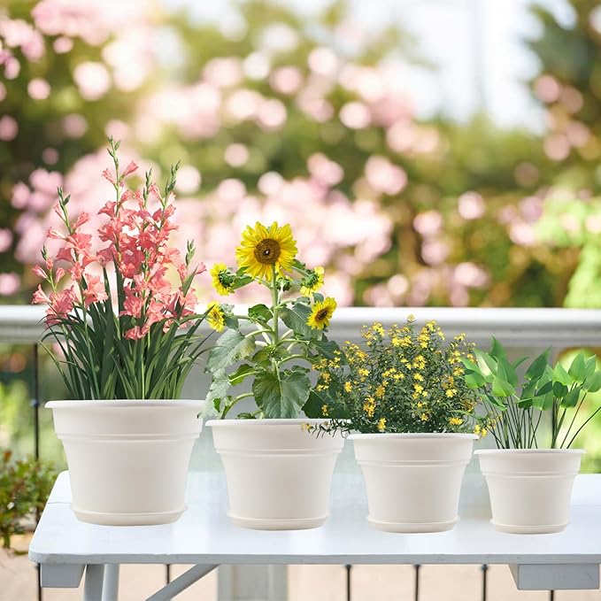 11 Inch Plastic-Flower-Pot-for-Indoor-Plants, 4 Pack Large Outdoor Planter Pot with Drainage Holes & Saucers, Resin Decorative Garden Pots Planters