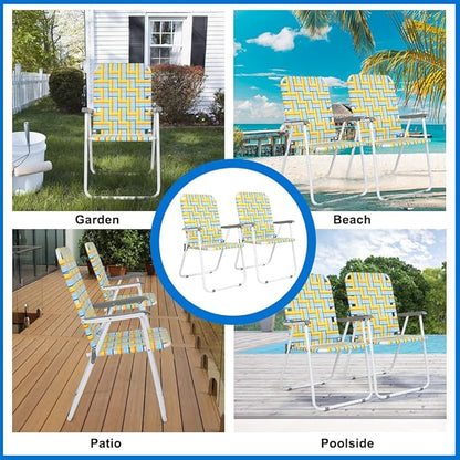 VINGLI Patio Lawn Webbed Folding Chairs Set of 4, Outdoor Beach Chair Portable Dining Chair for Outdoor Yard, Garden (Yellow, Classic)
