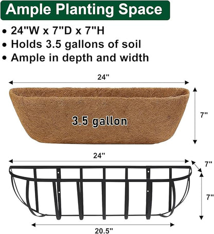 DUNCHATY Railing Planter Window Box - 4 Pack 24" Horse Trough Planter with Coco Fiber Liner - Deck Balcony Rail Planter for Porch Fence Patio Outdoor