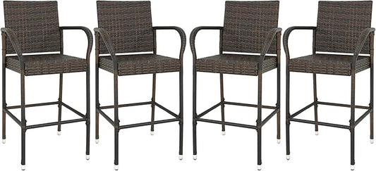 SUPER DEAL Upgraded Wicker Bar Stool Chairs Outdoor Backyard Rattan Chair w/Iron Frame, Armrest and Footrest (4)