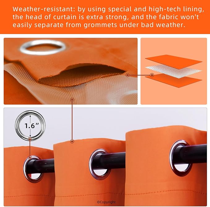 DIVA EN CAMINO DEC Outdoor Patio Curtain Waterproof Darkening Thermal Insulated Indoor Curtains for Bedroom, Porch, Living Room, Pergola, Cabana, W84 x L108, Orange, Set of 2 Panels